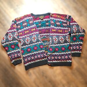 VTG Eddie‎ Bauer Cardigan Multicolor Womens Small Geometric Cotton Knit 1991 90s